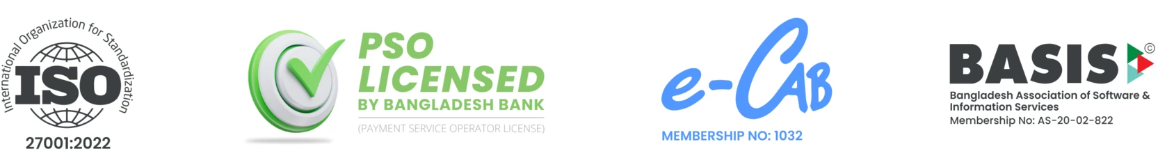 ISO 27001:2022 certification, Payment Service Operator licence from Bangladesh Bank, e-CAB membership 1032, and BASIS membership AS-20-02-822