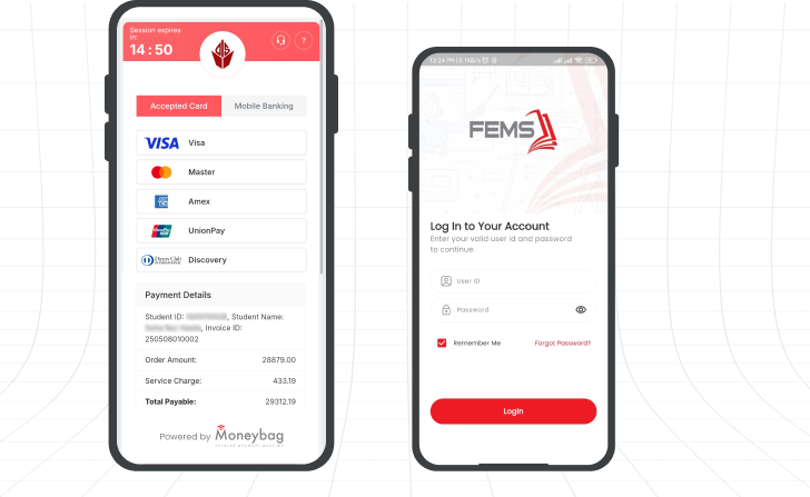 FEMS fee-collection module mockup on a phone